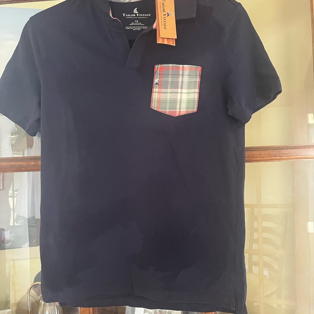 Tailor Vintage boys Navy Polo with Plaid Pocket